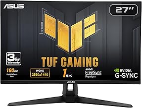 TUF Gaming 27” 1440P HDR Monitor (VG27AQ3A) – QHD (2560 x 1440), 180Hz, 1ms, Fast IPS, 130% sRGB, Extreme Low Motion Blur Sync, Speakers, Freesync Premium, G-SYNC Compatible, HDMI, DisplayPort
