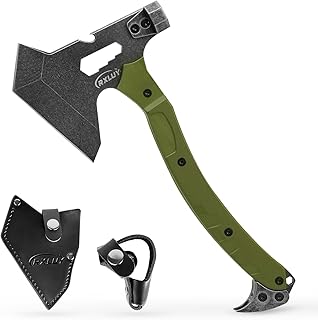 Tactical Axe with G10 Handle Camping Survival Hatchet, Multifunctional Hiking Outdoor Heavy Duty Full Tang Tomahawk Tools with Hammer, Unique Design Crowbar, Leather Sheath (Green)