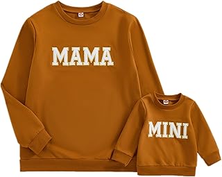 Mommy and Me Letter Print Matching Family Outfits Long Sleeve Crewneck Casual Sweatshirt T-Shirt