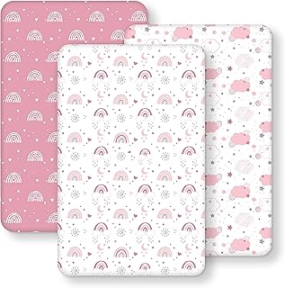 Baby Bedside Bassinet Sheets Fitted Girl, 33”x20” Compatible with Baby Delight Dream On Me & Most Rectangle Bedside Sleeper Bassinet Mattresses, Super Soft Microfiber Pink Rainbow