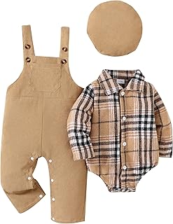 Baby Boy Clothes Flannel Plaid Bodysuit+Corduroy Overalls+Beret Hat 3Pcs Fall Winter Outfits for 3-24 Months Boys