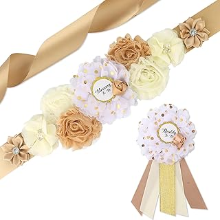 Rose Gold Maternity Sash Corsage Set – White Champagne Floral Belly Band with Mommy to Be Daddy to Be Pins for Baby Shower Party Pregnancy Decorations Photo Props