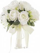 Sponsored Ad - Wowagoga 12 Inch Wedding Bouquet with Pearl Crystals Ribbons,Artificial Rose Flower for Bride Bridesmaids Artificial Fake Flowers Fake Flowers Toss Bouquet for Wedding Party Church(Whit