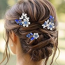 HEREAD Blue Crystal Bride Wedding Hair Pins Silver Flower Bridal Hair Pieces Pearl Hair Accessories for Women and Girls (Pack of 3) (Blue)