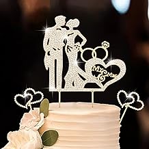 3PCS Crystal Bride and Groom Wedding Cake Topper Mr & Mrs Just Married Wedding Decorations Based Gold Alloy with White Rhinestones 2mm Thick