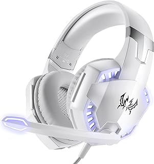 Swokely Gaming Headset, G2000 Over-Ear Gaming Headset,120-Degree Rotating Bass Noise Cancelling Mic,50mm Driver Unit,Skin-Friendly Breathable Over Ear Headphones with LED Lights for PC, Gamer - White