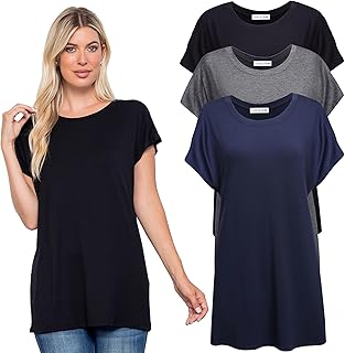 Sponsored Ad - 3 Pack Extra Long Tshirts for Women Tunic Tops to Wear with Leggings Short Sleeve Tee Workout T Shirts Loose Fit