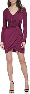 Womens Knot Detail Fitted Long Sleeve V-Neck Dress