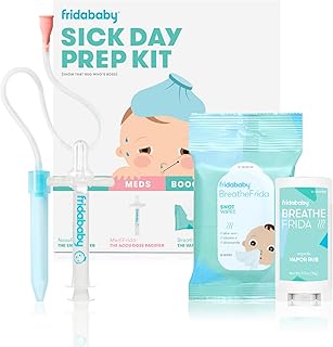 Frida Baby Sick Day Prep Kit, 4pc Set, Essentials Includes NoseFrida Nasal Aspirator, MediFrida Pacifier Medicine Dispenser, Breathefrida Vapor Chest Rub + Snot Wipes, Soothe Stuffy Noses for Babies
