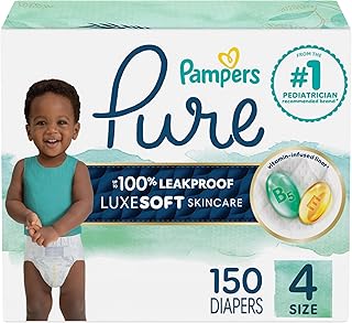 Pampers Pure Protection Baby Diapers, Size 4, 150 Count, Up to 100% Leakproof, Premium Plant-based Skin Protection, Hypoallergenic Soft Diapers