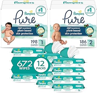 Pure Protection Disposable Baby Diapers Starter Kit (2 Month Supply), Sizes 1 (198 Count) & 2 (186 Count) with Aqua Pure Sensitive Wipes, 12X Pop-Top Packs (672 Count)