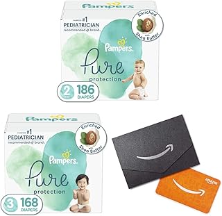 Diapers Size 2, 186 Count - Pampers Pure Protection Disposable Baby Diapers, Hypoallergenic and Unscented Protection with Diapers Size 3, 168 Count and Amazon.com Gift Card in a Mini Envelope