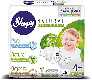 SOHO | Sleepy Natural Baby Diapers, Made from Organic Cotton and Bamboo Extract, Ultimate Comfort and Dryness, Disposable Diapers Snuggle Diaper (Size 4+ | 26 Count | Child Weight 20-35 lbs)