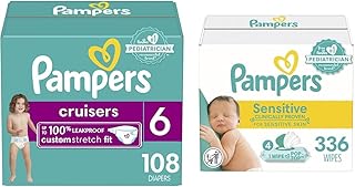 Diapers Size 6, 108 Count and Baby Wipes - Pampers Cruisers Disposable Baby Diapers and Water Baby Wipes Sensitive Pop-Top Packs, 336 Count (Packaging May Vary)
