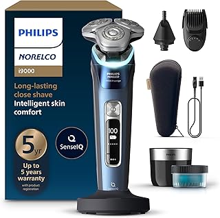 Philips Norelco Shaver i9000 Prestige, Wet & Dry Electric Shaver, Mystic Aqua, SenseIQ Technology, Triple Lift & Cut System, 360 Rotating Dual SteelPrecision Blades, Nose Trimmer, XP9201/88