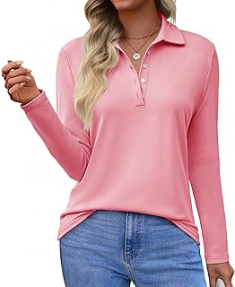 Womens Long Sleeve Polo Shirts Business Work Casual V Neck Collared Tops Button Down Loose Fit Tees Shirts