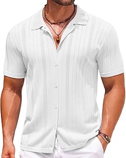 Mens Knit Button Down Shirts Crochet Polo Shirts Vintage Short Sleeve Textured Shirts Summer Beach Tops