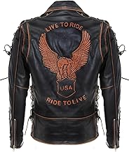 Mens Vintage Black Brando “Live to Ride” Embossed Eagle Leather Biker Motorcycle Jacket