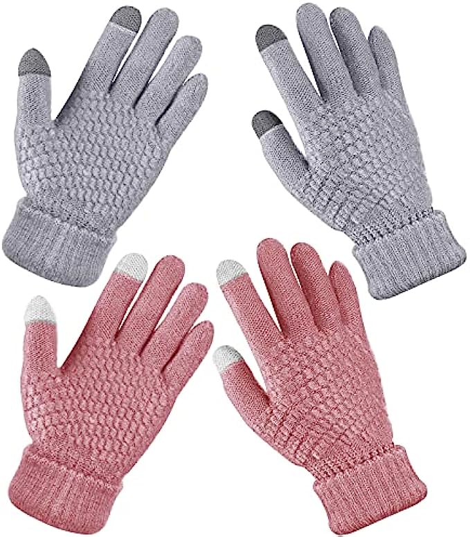 2 Pairs Women&#039;s Winter Touchscreen Gloves Warm Fleece Lined Knit Gloves Elastic Cuff Winter Texting Gloves