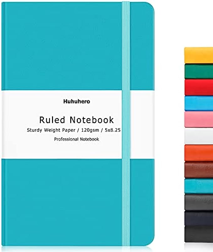 Huhuhero Notebook Journal, Lined Hard Cover, 120Gsm Premium Thick Paper with Fine Inner Pocket, Ruled Faux Leather for Journaling Writing Note Taking Office School Supplies 5&quot;×8.25&quot;(1, Teal)