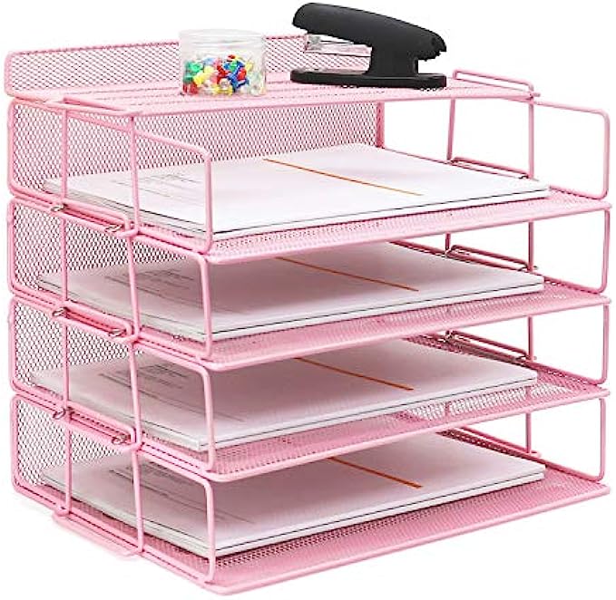 LUCYCAZ Paper Tray - Letter Tray Desk Organizer, 4 Tier Stackable Paper Tray Pink File Organizer for School and Office